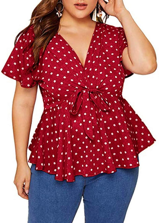 Women Plus Size Tops Polka Dots Knot Front Deep V Neck Short Sleeve Blouse