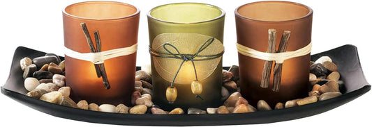 Dawhud Direct Decorative Votive Candle Holders, Vintage Decor Flameless Natural Candlescape Set, 3 LED Tea Light Candles, Rocks and Tray (Natural Earth Tones)