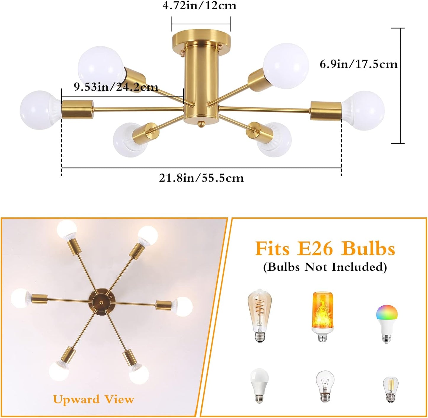 Gold Semi Flush Mount Ceiling Light Fixture 6 Lights, Modern Sputnik Chandelier, Mid Century Pendant Light