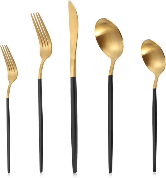 Matte Gold Silverware Set With Black Handle + White Handle