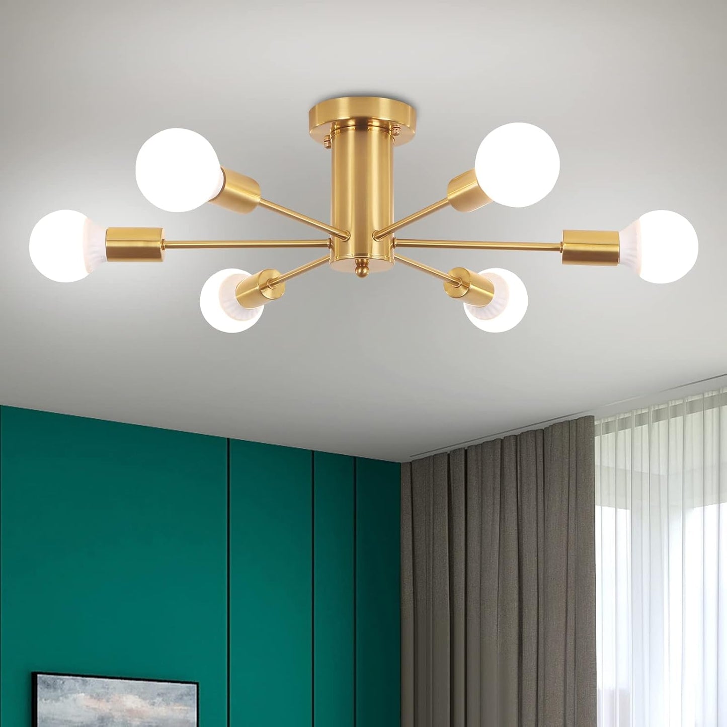 Gold Semi Flush Mount Ceiling Light Fixture 6 Lights, Modern Sputnik Chandelier, Mid Century Pendant Light