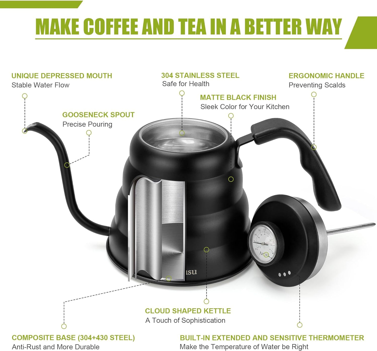 Tea Kettle with Thermometer Pot Black Gooseneck Kettle Teapot Pour Over Coffee Kettle with Thermometer 40 floz/1200ml