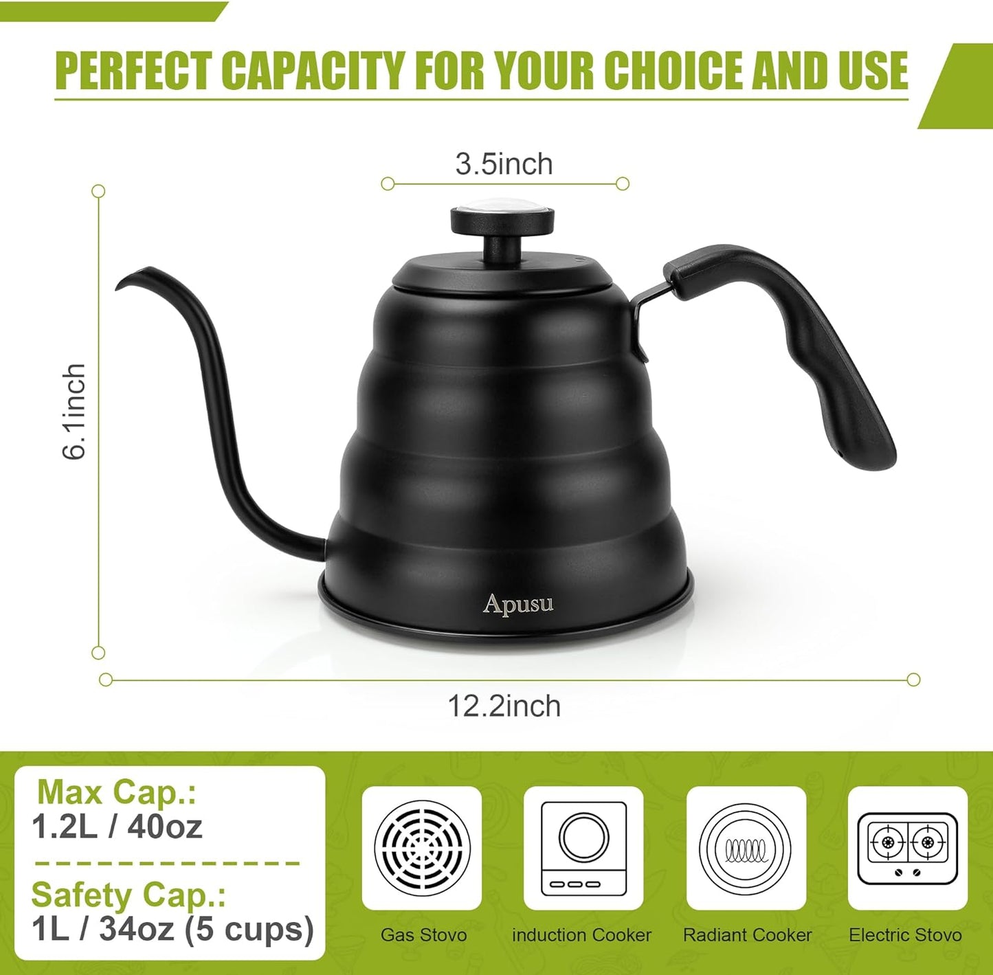 Tea Kettle with Thermometer Pot Black Gooseneck Kettle Teapot Pour Over Coffee Kettle with Thermometer 40 floz/1200ml