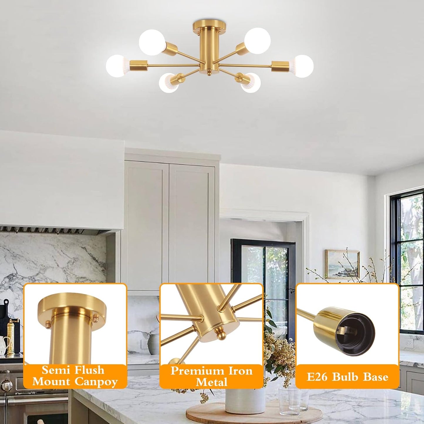 Gold Semi Flush Mount Ceiling Light Fixture 6 Lights, Modern Sputnik Chandelier, Mid Century Pendant Light