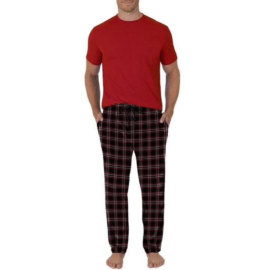 Fruit Of The Loom Men's Short Sleeve Crew Neck Top and Fleece Pajama Pant Set Red