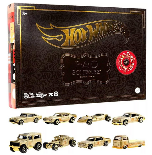 Hot Wheels 1:64 Scale FAO Schwarz Gold Vehicles 160th Anniversary, 8-Pack