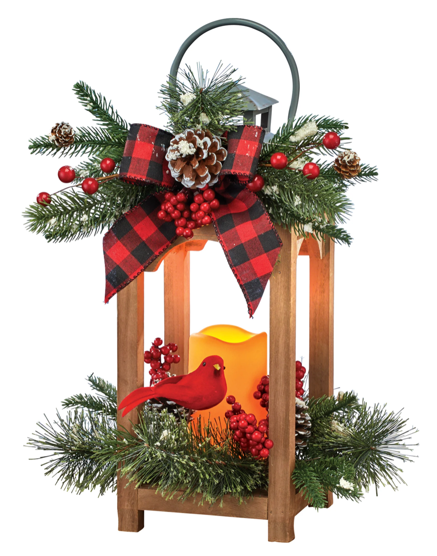 Flameless Holiday Cardinals and Frosted Pine LED Candle Lantern