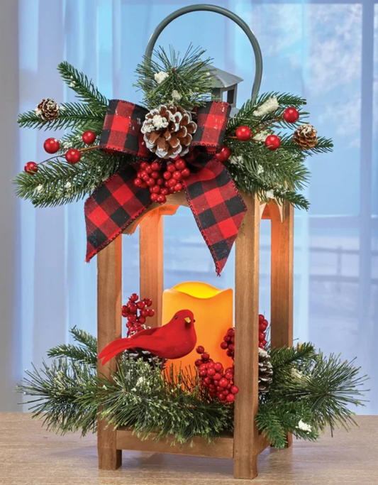 Flameless Holiday Cardinals and Frosted Pine LED Candle Lantern