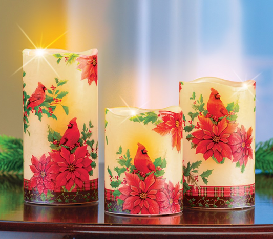 Poinsettia Cardinal Flameless Pillar Candles - Set of 3