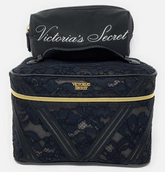 Victoria's Secret Floral Lace Train Case 2 Piece Set Cosmetic Makeup Bag