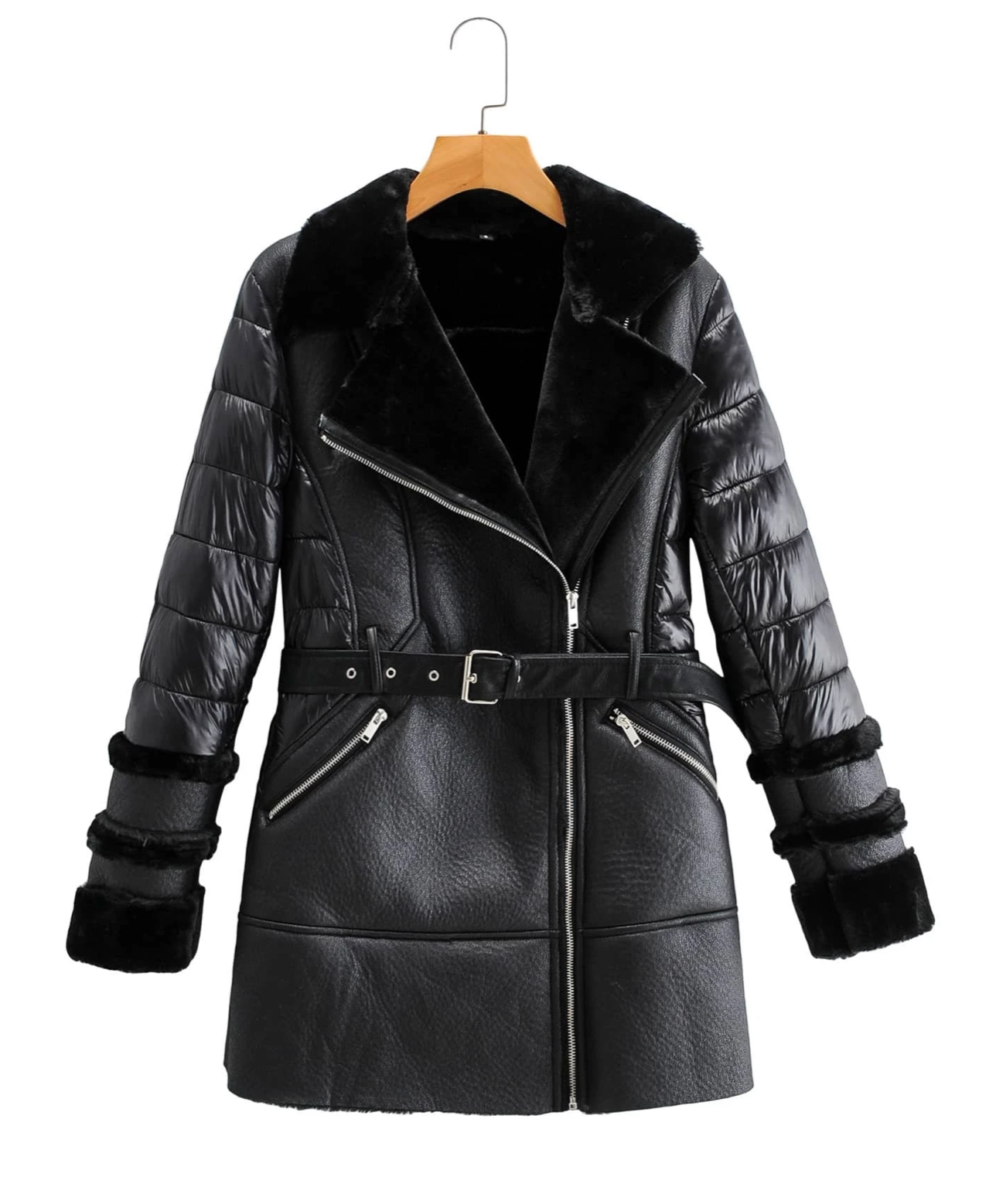 AFTF Basic Faux Fur Black Leather Coat