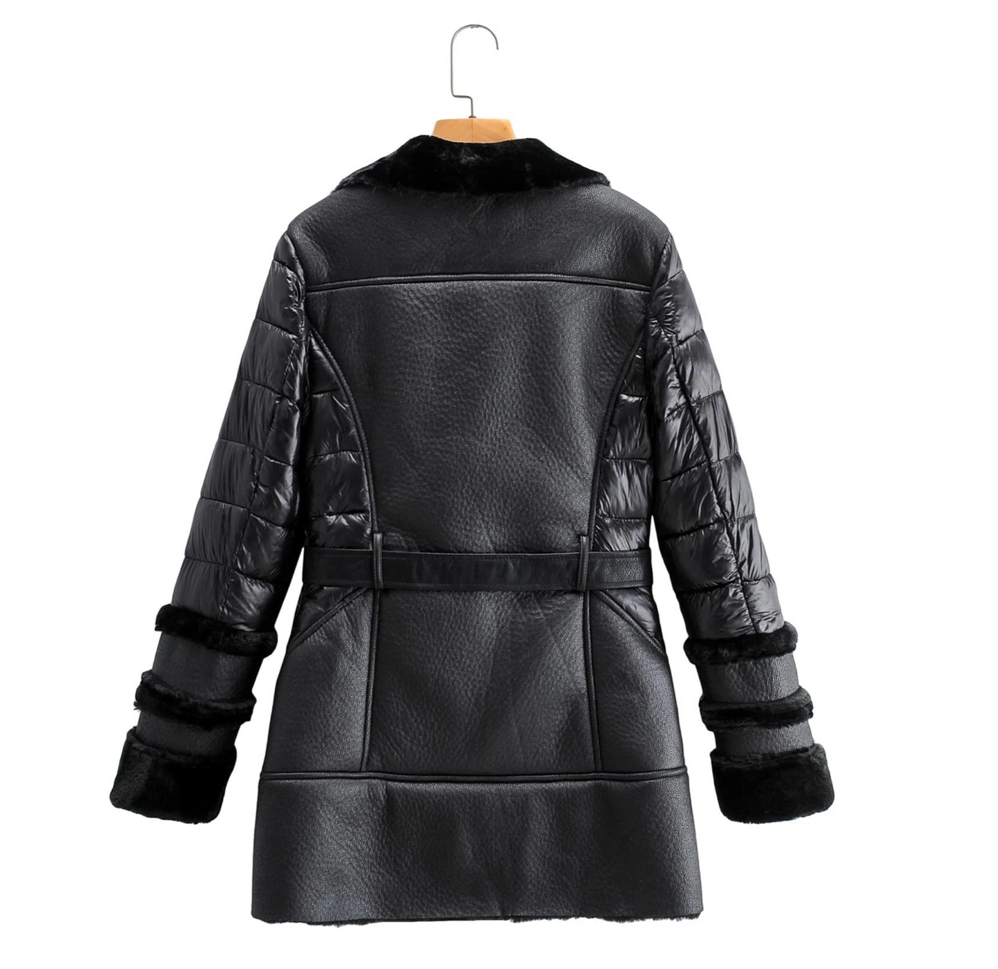 AFTF Basic Faux Fur Black Leather Coat