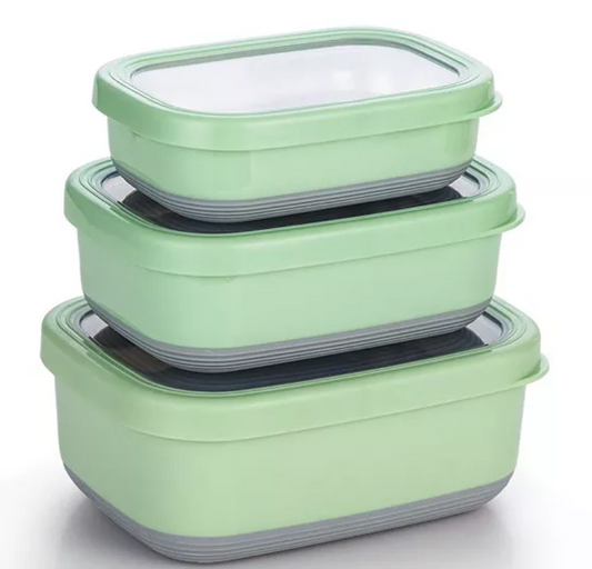 Stainless Steel Food Containers, Set of 3, 470ML, 900ML,1.4L, Green