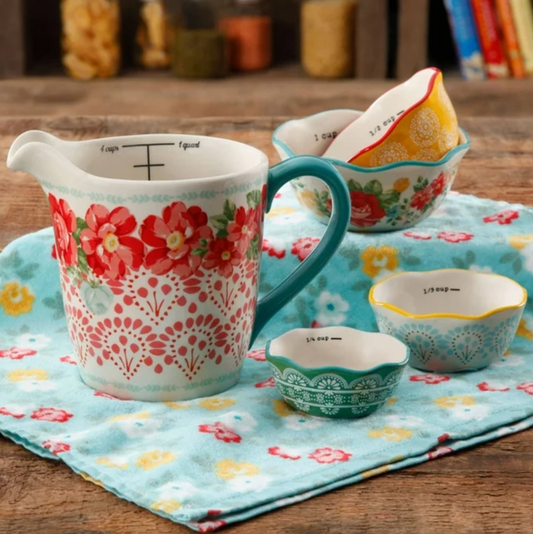 The Pioneer Woman Vintage Floral 4-Piece Measuring Bowl with 4-Cup Measuring Cup, 5-Piece Set Multi-Color