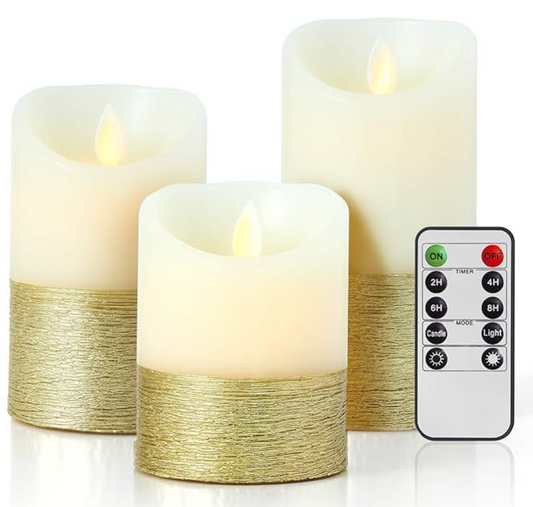 Flameless Candles Set of 3, Battery Operated Candles with Remote Control and Timer, Pillar Real Wax Electric LED Candle Sets(Gold)