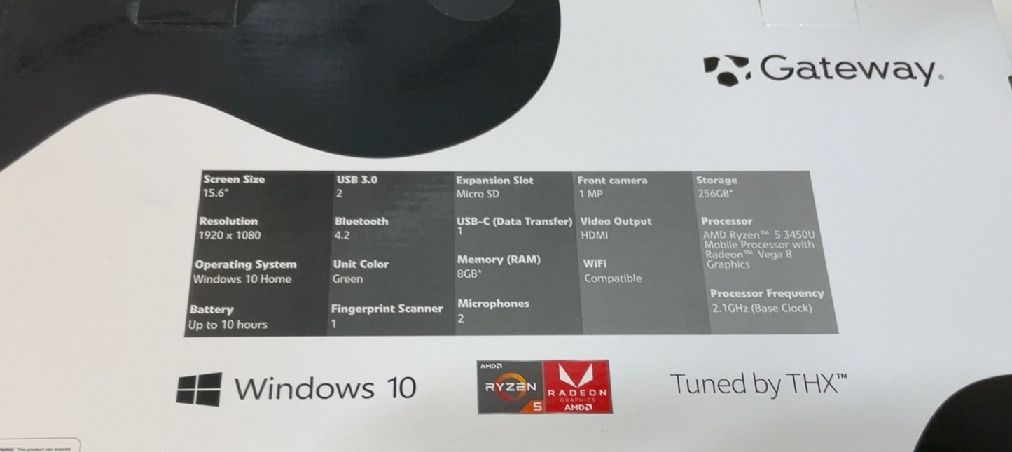 Gateway 15.6 FHD Ultra Slim Notebook AMD Ryzen™ 5 3450U 8GB RAM 256GB SSD Tuned by THX™ Audio Fingerprint Scanner 1MP Webcam HDMI Cortana