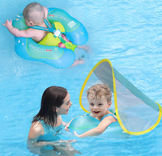 Free Swimming Baby Inflatable Baby Swim Float with Sun Canopy Size Improved Infant Pool Floaties Swimming Pool Toys for The Age of 3-72 Months(Blue, L)