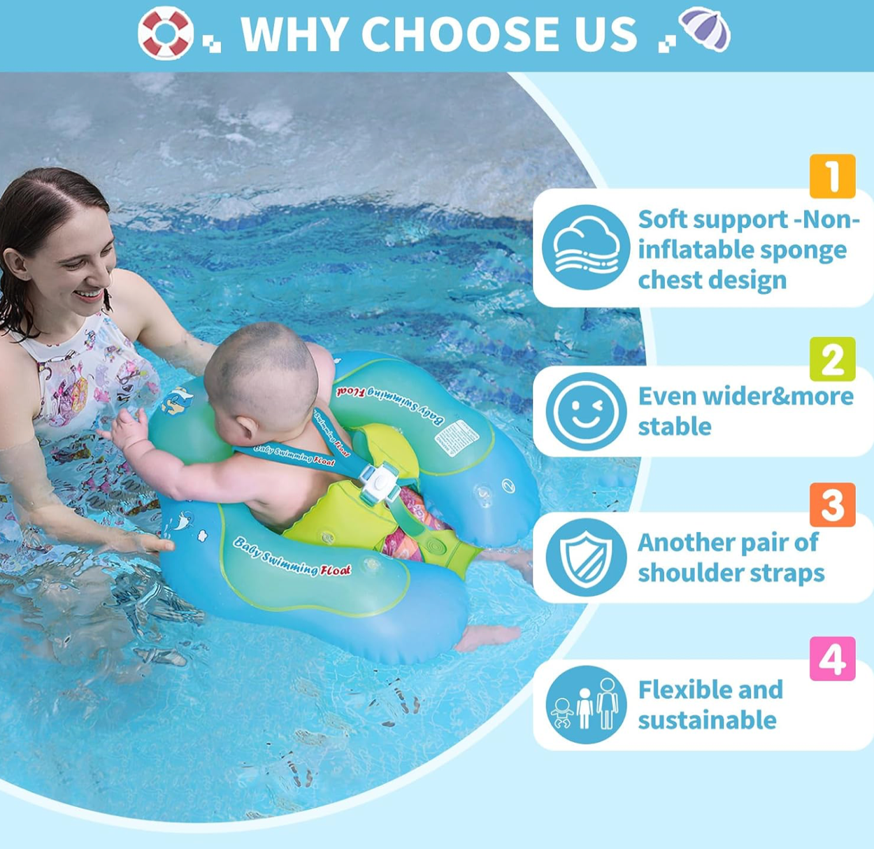 Free Swimming Baby Inflatable Baby Swim Float with Sun Canopy Size Improved Infant Pool Floaties Swimming Pool Toys for The Age of 3-72 Months(Blue, L)