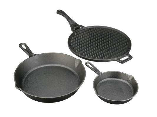 Ozark Trail 4-Piece Cast Iron Skillet Set with Handles and Griddle, Pre-Seasoned, 6", 10.5", 11"