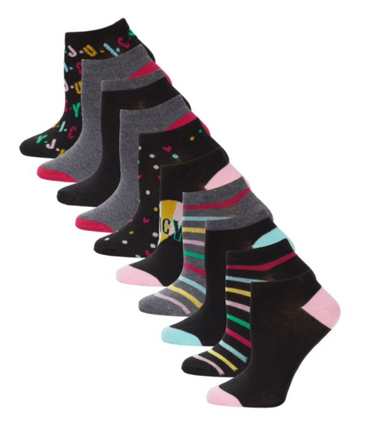 Juicy Couture Women's 10-Pack No-Show Socks - Black Multicolor - Shoe Size 4-10