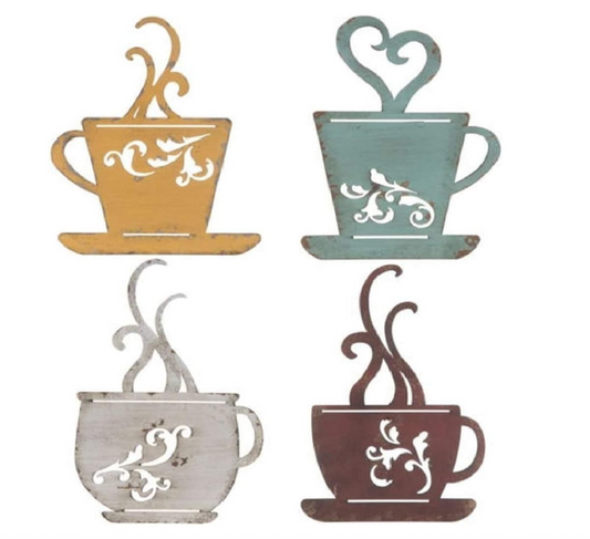 Coffee Cup Wall Decor - Metal Cafe-Themed Decorations - Set of 4