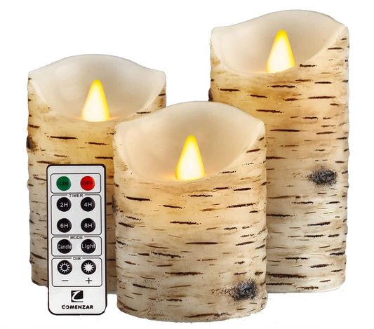 Flickering Flameless Candles, Candles Birch Set of 3 (H: 4" 5" 6" x D: 3.25") Birch Bark Battery Candles Pillar with Remote Timer