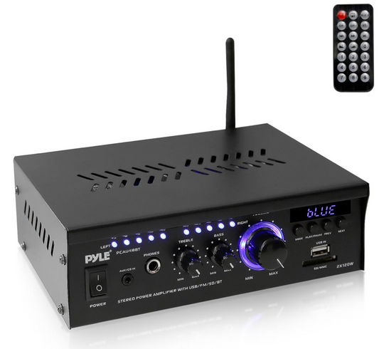 Bluetooth Mini Blue Series Stereo Power Amplifier - USB/SD Readers, USB Charge, RCA/AUX Input, Remote Control (2 x 120 Watt)